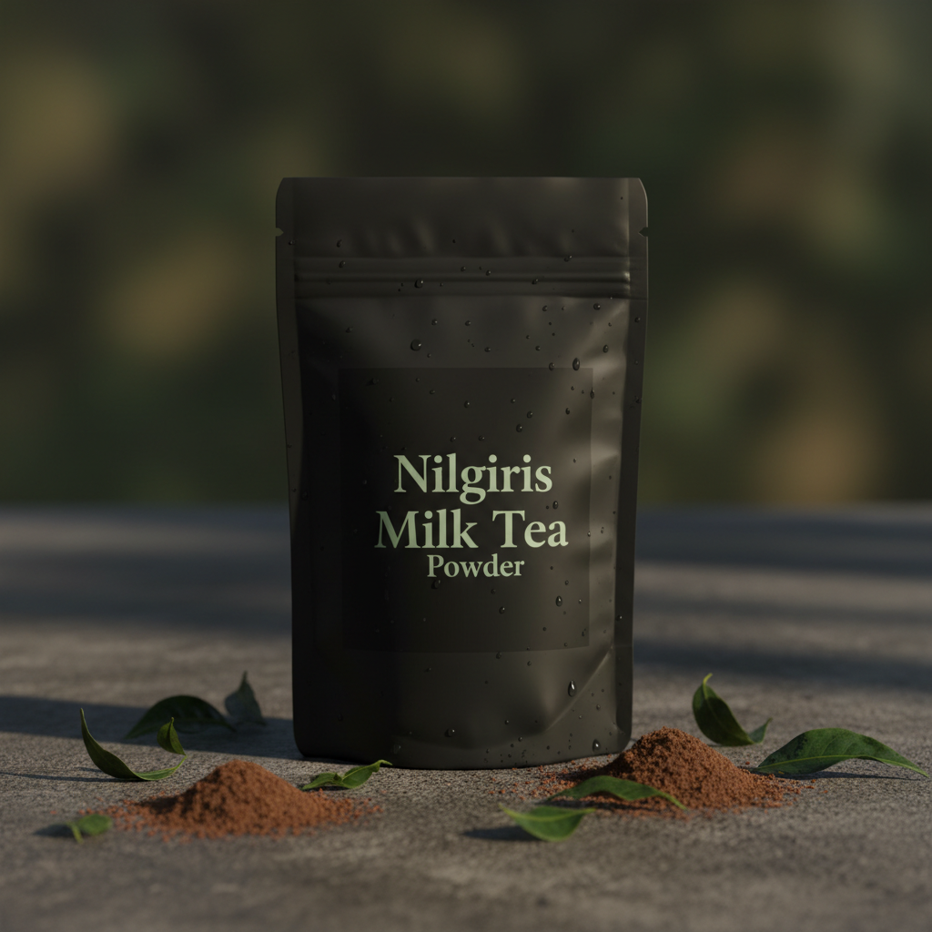 Nilgiris Milk Tea Powder in matte black packaging